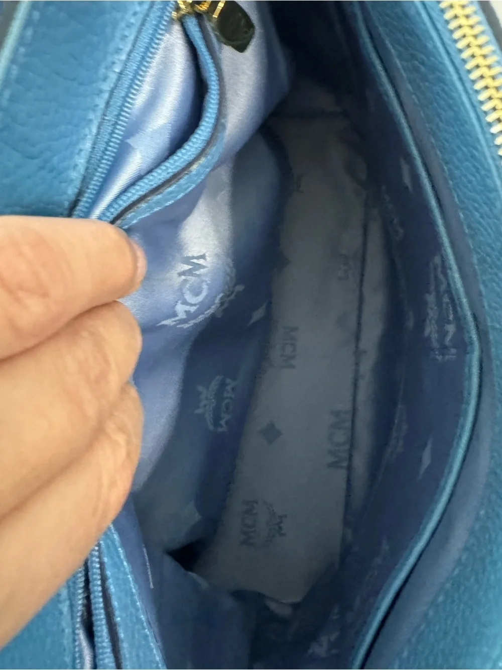 MCM Blue Leather Top-Handle Satchel with Gold Hardware
